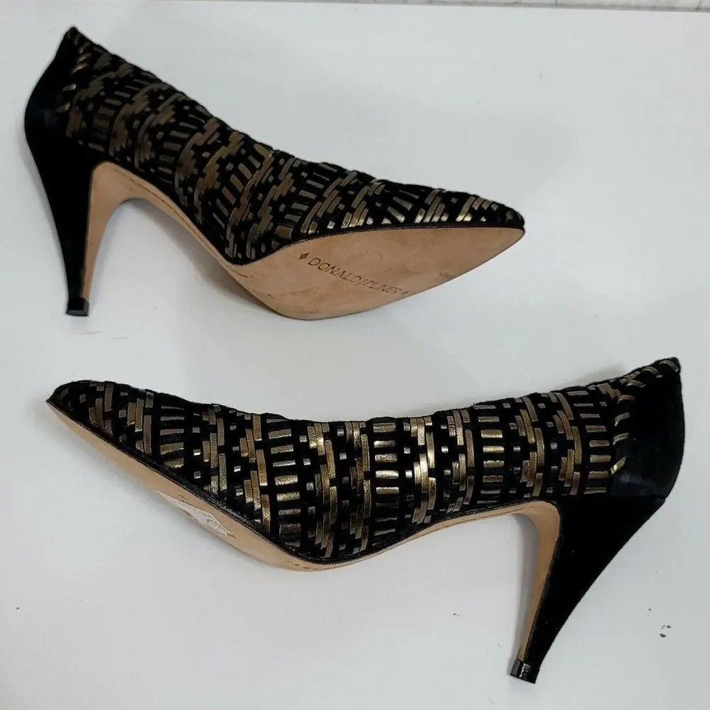 Vintage 90s Donald J Pliner Womens 7.5 Woven Black Gold Pump Heels‎
